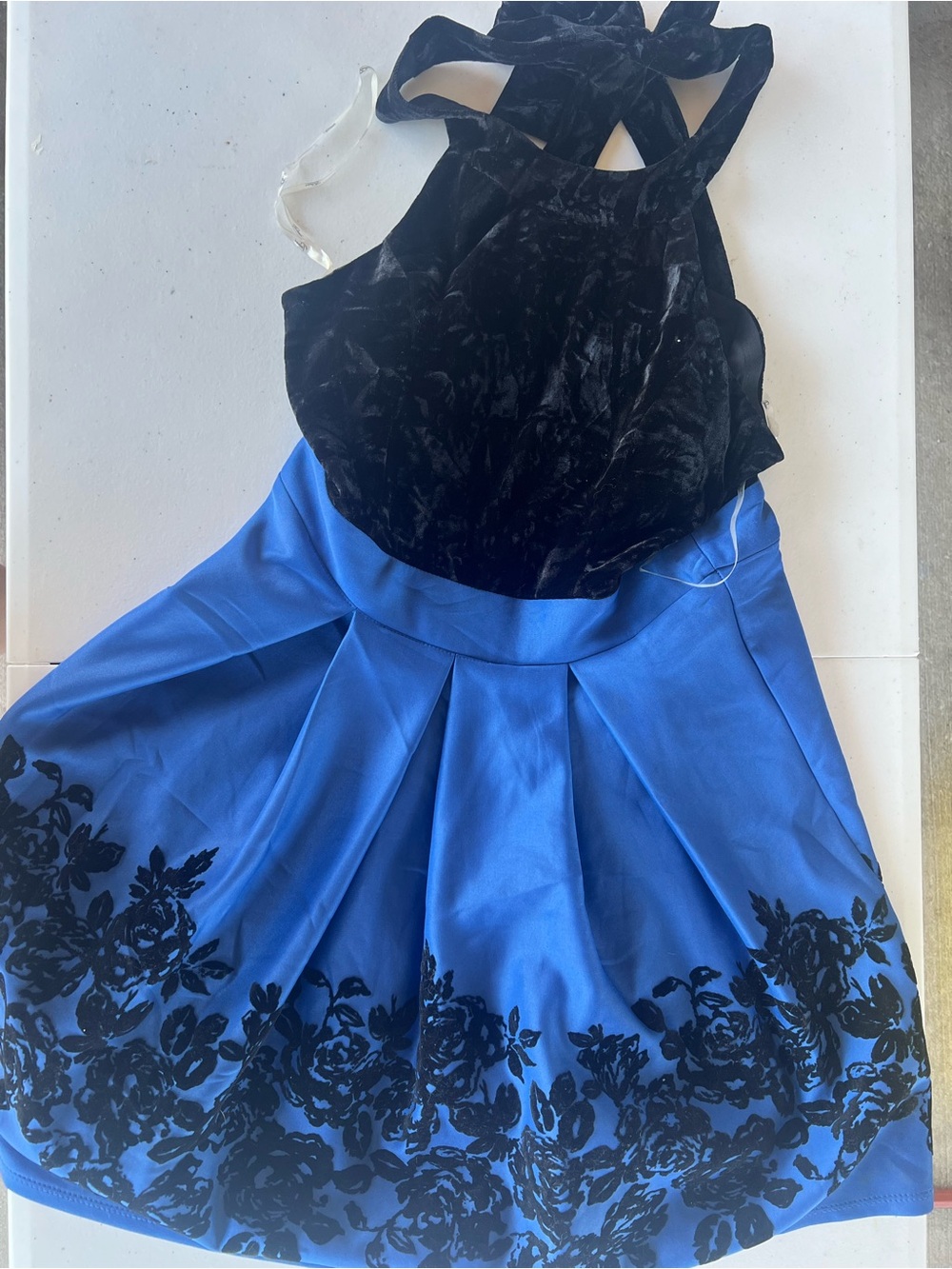 Black Velvet & Royal Blue Floral Fit-and-Flare Dress